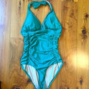 J Crew emerald green ruched halter one piece swim size 8